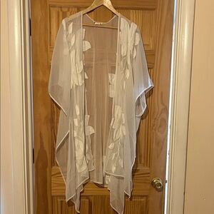 Sheer Floral Embroidered Kimono Cover-Up in White